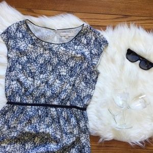 LOFT Navy Sketch Floral Cap Sleeve Dress